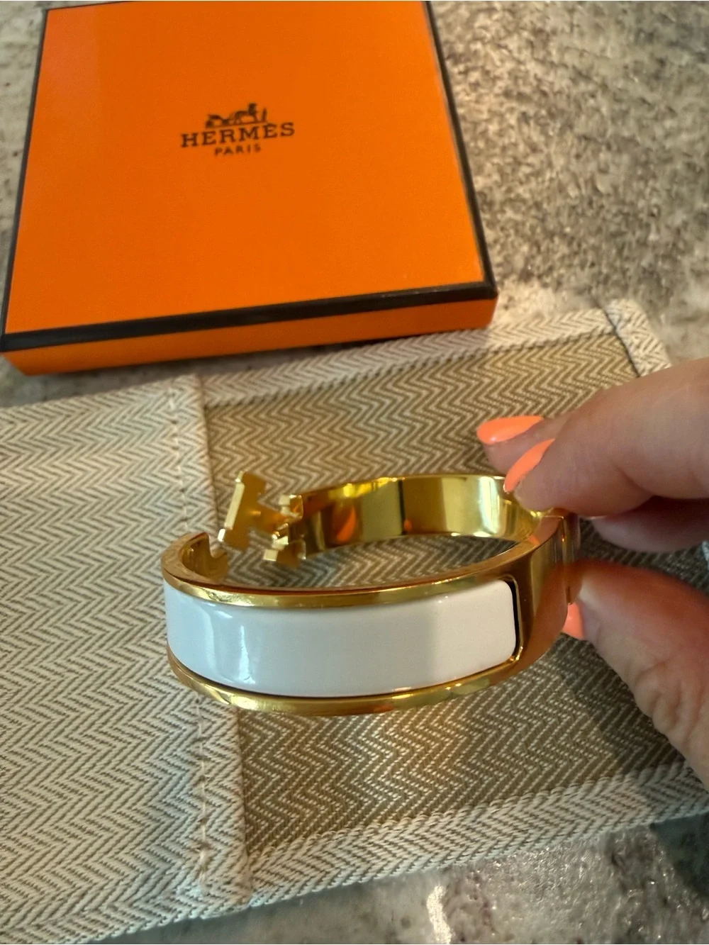 Hermès Clic H Gold and White Enamel Bracelet